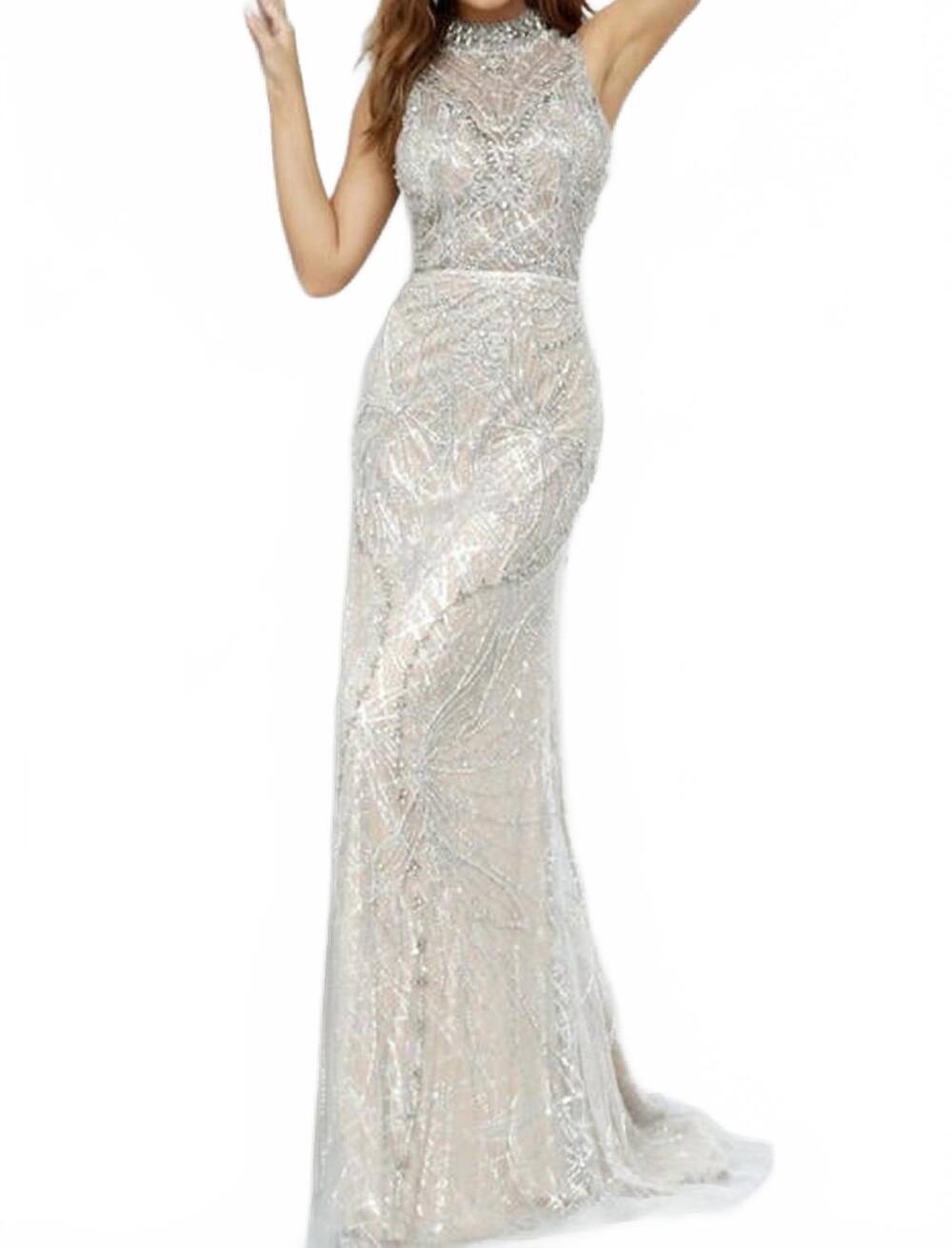 NEW JOVANI sheer beaded illusion prom gown in silver nude